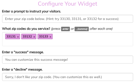 zip code validator widget